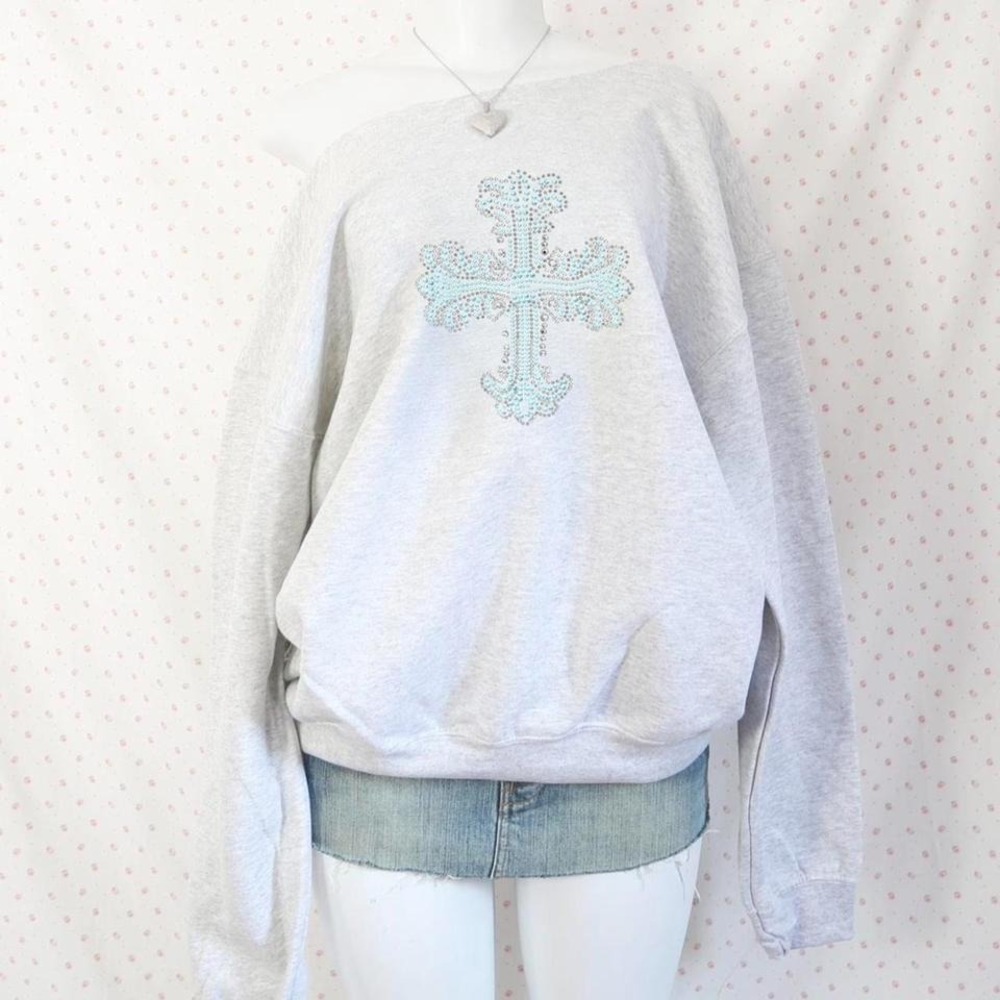 rhinestone cross off shoulder sweatshirt mcbling y2k saint pink